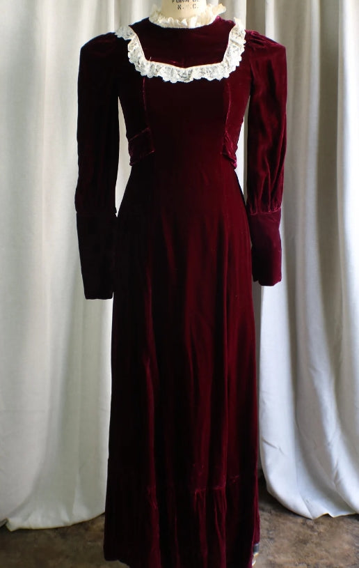 Vestido de terciopelo de estilo elegante, vestido de terciopelo rojo oscuro y encaje, vestido de noche maxi de manga larga para mujer